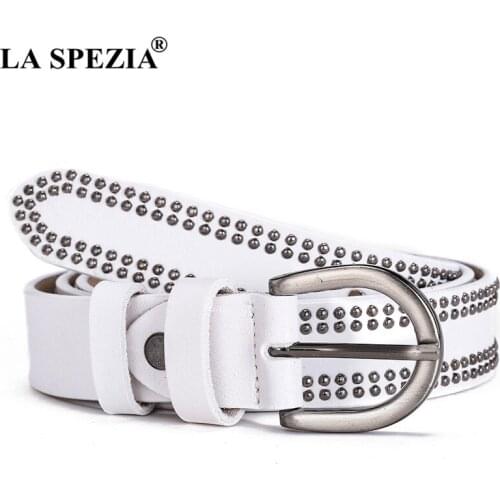 Punk Rivet Women Belt Genuine Leather Pin Buckle Red Ladies Trouser Belt High Quality Brand Rock Waist Belts 115cm