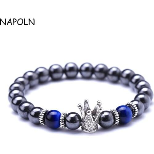 NAPOLN Crown Charm Bracelet Natural Hematite Beads Blue Tiger Eye Bracelet Stone Bracelets For Women Jewelry Dropshipping