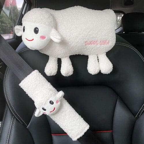 Car Seat Neck Pillow Lumbar Shoulder Cover Cute Soft Little Sheep Headrest Universal Cartoon Plush Interior Decoration Female
