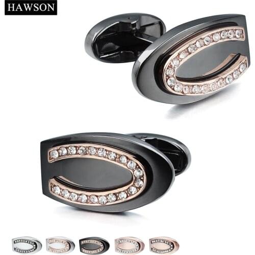 HAWSON Crystal Cufflinks for Men U-Shaped Black Metal Cuff Links Gentlemens Clothing Accessories Best Gift for Wedding