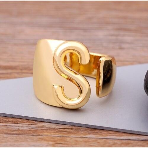 Trendy Hollow A-Z Letter Gold Color Adjustable Opening Ring Initials Name Alphabet Female Chunky Wide Party Wedding Jewelry