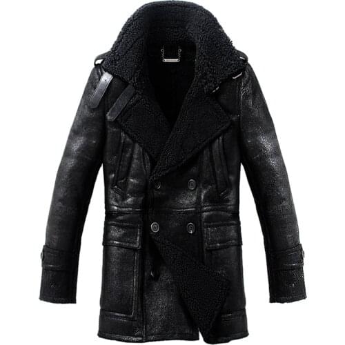 2020 Long Section British Bursting Lines Sheepskin Mens Fur Coat Black Leather Jacket Fashion Handsome Outerwear