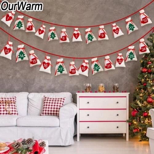 OurWarm 24/31Pcs Fabric Christmas Gift Bag Advent Calendar Xmas Tree Ornament 11x16cm Hanging Garland Christmas Party Decoration
