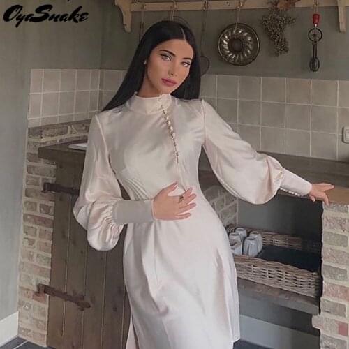 Oyasnake New Hot 2021 Satin Half High Collar Long Lantern Sleeve Buttoon Pullover Zipper Solid Side Split Women Slim Mini Dress