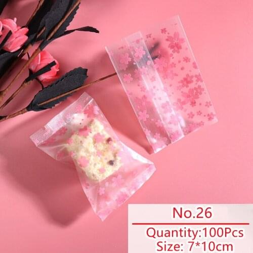 100pcs/lot Candy Bag Homemade Snowflake Cookies Pack Transparent Red Cherry Blossoms Pattern Nougat Party Snack Food Packing Bag