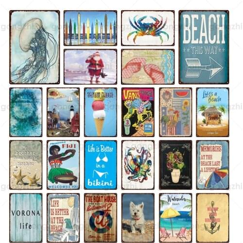 Beach Surfboard Retro Metal Sign Summer Vacation Seaside Vacation Vintage Tin Plaque Wall Sticker Home Decor Bar Club Art Poster