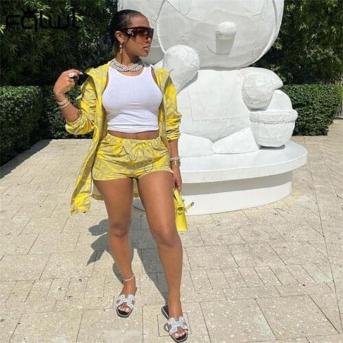 FQLWL Casual 2 Two Piece Sets Women Outfits Long Sleeve Drawstring Hoodie Tops Baggy Shorts Sets Print Yellow Tracksuit Women