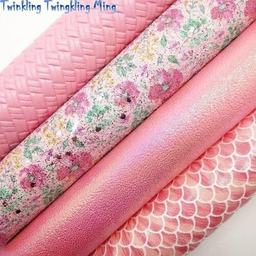 Pink Glitter Fabric with Printed Flowers, Weaving Synthetic Leather, Mermaid Faux Fabric For Bow A4 21x29CM Twinkling Ming KM016