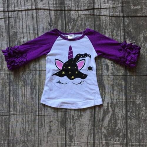 Halloween Unicorn Pumpkin Ruffle Raglan Shirts Autumn Orange Purple Cotton Tops Boutique Baby Girl Boy Clothes D0927