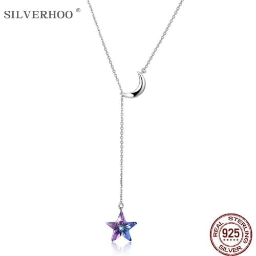 SILVERHOO Sterling Silver 925 Jewelry Moon Star Double Chain Necklace Women’s Purple Austria Crystal Sliding Pendant Necklaces
