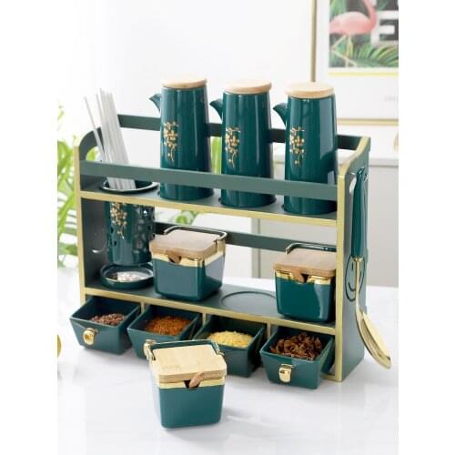 Nordic luxury emerald ceramic seasoning pot box chopsticks tube oil pot household kitchen combination glass jars canister set