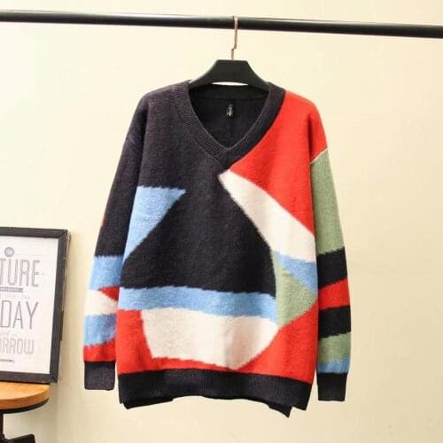 Plus size Patchwork long sleeve women loose sweaters 2021 new winter casual ladies soft pullovers sweater female tops