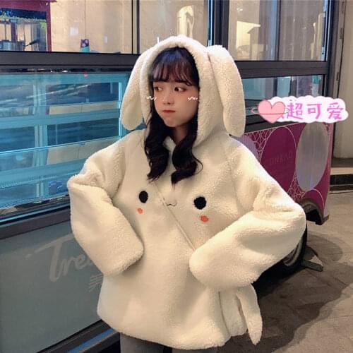 2020 Kawaii Women Hoodies With Ears White Pink Loose Warm Hoodie Cute Outerwear Coat Autumn Long Sleeve Japan Sweatshirt Girls