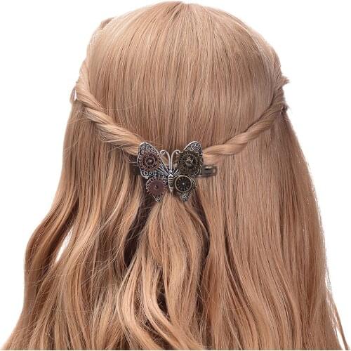 Retro Gear Wheel Butterfly Hair Barrette Vintage Metal Butterfly Hair Clip French Barrette Women Personality Hairpin Coxeer