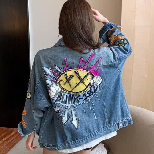 2021 Spring Autumn New Women Clothing Korean Loose Denim Jacket Versatile Fashion Sequins Beaded Long Sleeve Top Veste En Jean