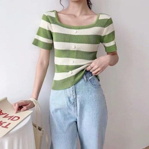 Square Collar Button Knitted Top Women Korean Fashion Striped Slimming Short Sleeve T-shirt
