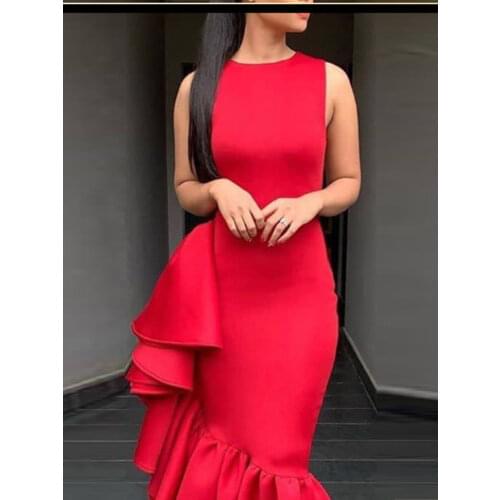 Women Bodycon Dresses Sleeveless Side Ruffles Slim O Neck Red Sexy Party Fashion Sheath Plus Size XXL Female Vestidos Robes New