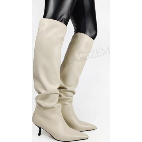 DOBANER Women Knee High Boots Genuine Leather Spike Heels Boots Slip On Slouch Botas Frauen Stiefel Shoes Woman Size 33 42 43