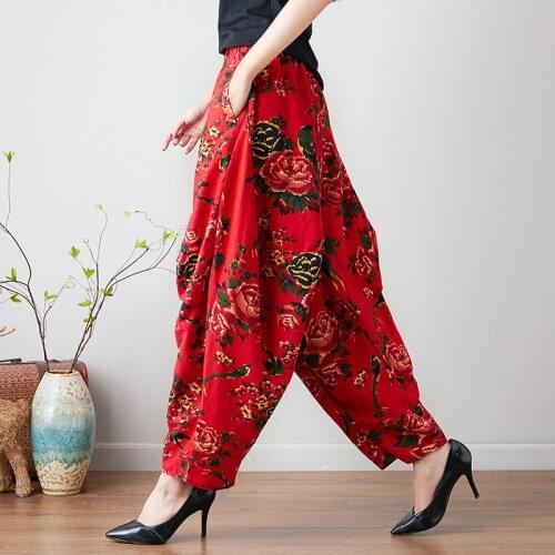 Large size Female Vintage Loose Harem Pants Casual High Waist Cotton Linen Lantern haul Pants Wide Leg Trousers Hip Hop Pant 496