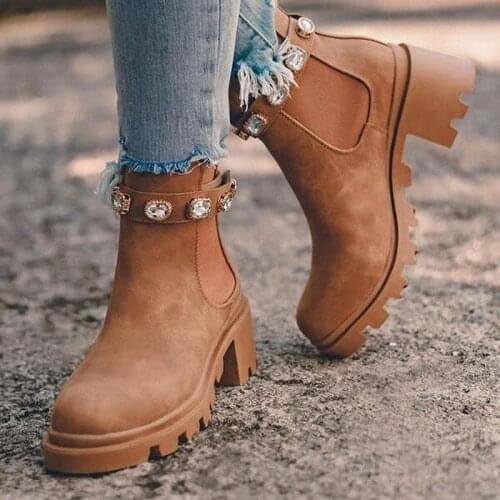 2021 New Fashion Womens Ankle Boots Waterproof Slip On Short Rain Boots Rhinestone Platform Autumn Shoes Ladies Non-slip Shoe