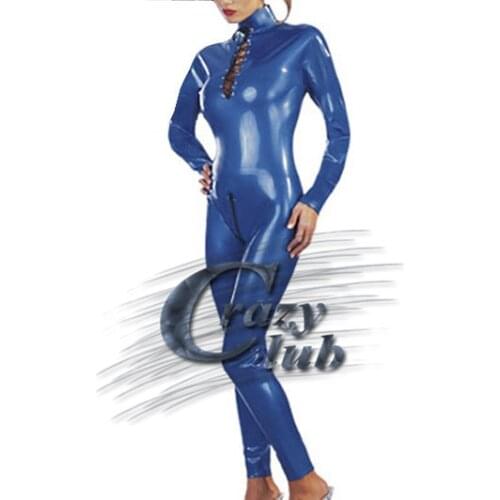 Crazy club_Latex Women Catsuit Clothes Latex leotard female blue two standardplus size latex corset rubber latex fetish costume