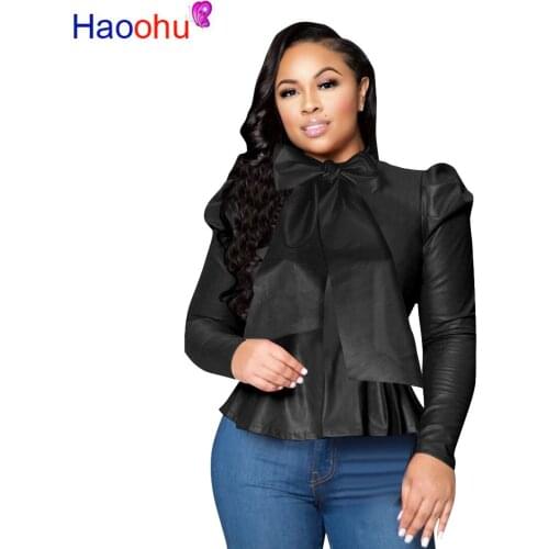 Women Autumn Winter PU Leather Bow Ncollar Full Sleeve Solid Color Vintage Fashion Famme PU Top Streetwear 3 color
