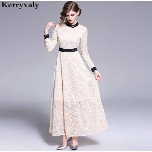 New Stylish Long Sleeve Beige Elegant Maxi Lace Dress Vetement Femme 2021 Spring Women Long Party Dress Kleider Damen K3555