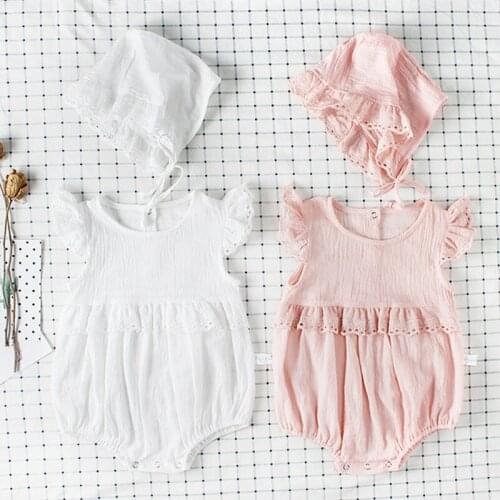 2020 Summer New Infant Girls Bodysuits Baby Cotton Lace Flying Sleeve Baby Clothes Baby Bodysuit and Hat Set Baby Girl Bodysuits
