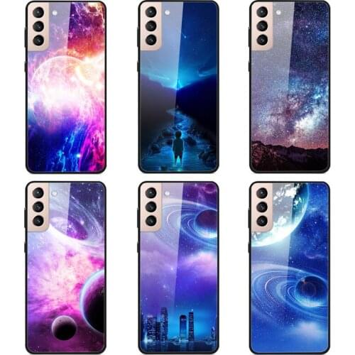 Case Samsung Galaxy S21 S21 Plus Phone Case Back Cover Black Silicone Bumper With Tempered Glass Star Sky Pattern