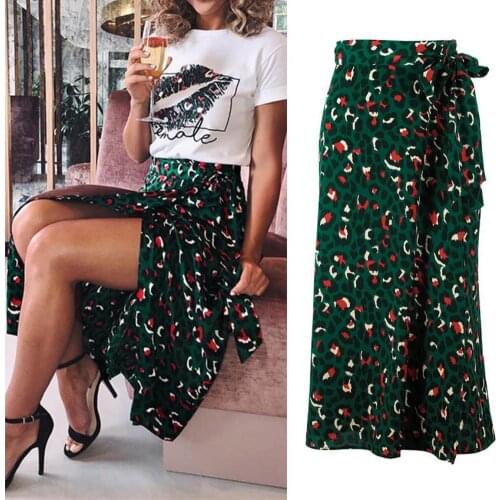 Summer Boho Women Skirts Leopard knotted Print High Waist Side Opening Skirts Bow Tie Split See Through Skirts Midi Skirt