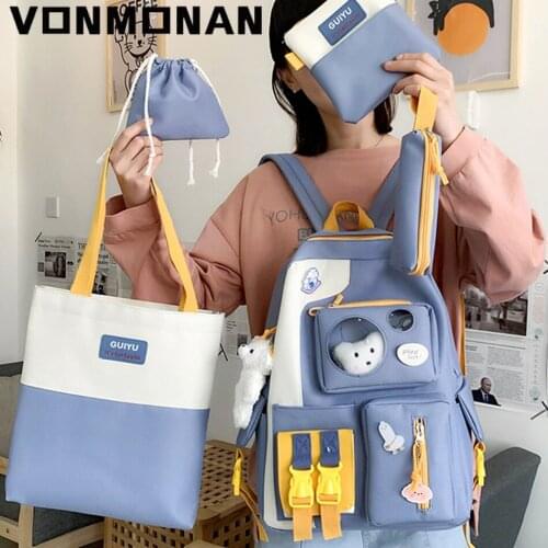 4 Pcs Kawaii Women Backpack Purses Canvas School Book Bag for Teenage Girls College Bagpack Student Book Bag Rucksack Sac A Dos
