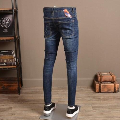 Fashion Mens Hole Ripped Jeans Animal Printing Casual Pants Stretch Slim Denim Pants Men Spring Fall Patchwork Trousers Male