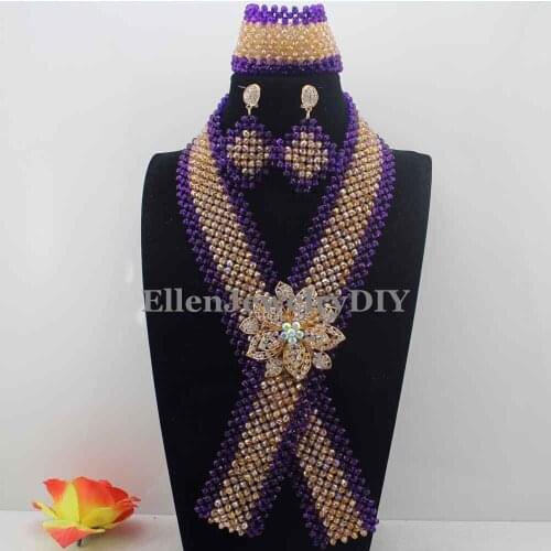 Nigerian Purple and Indian Crystal Beaded Necktie Necklace Set African Jewelry Sets for Brides Wedding Ceremony Free Ship W13881