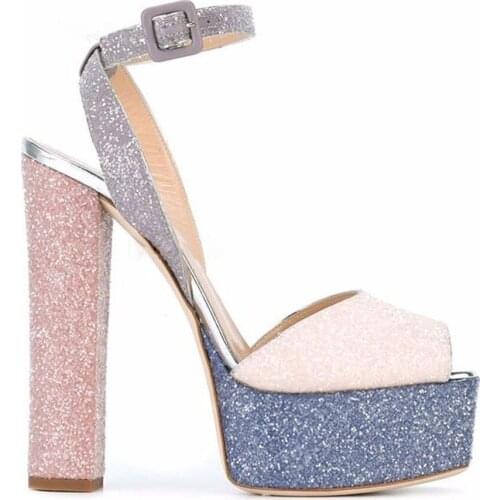 Charming Women Peep Toe Sequined High Platform Sandals Ankle Strap Chunky Super High Heels Sandals Wedding Shoes Club Shoes