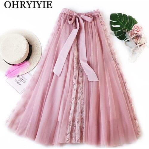 OHRYIYIE Lace Tulle Skirt Women 2021 Spring Summer Elastic High Waist Tulle Mesh Skirt Long Pleated Tutu Skirt Jupe Longue Femme