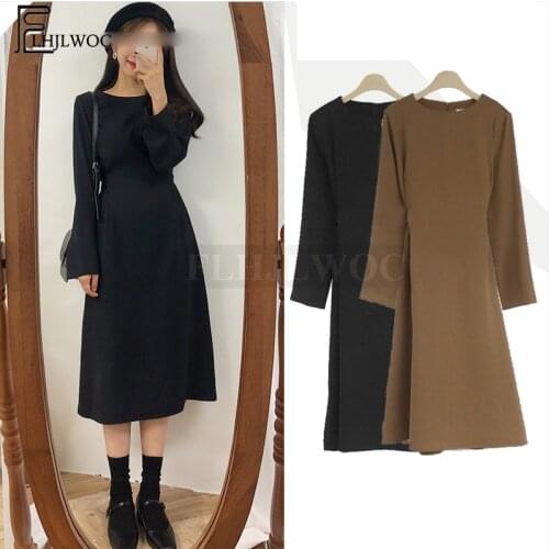 A Line Dresses Hot Sales Women Winter Basic Black Dress Preppy Style Korean Temperament Lady Bow Tie Cute Vintage Dress 2011