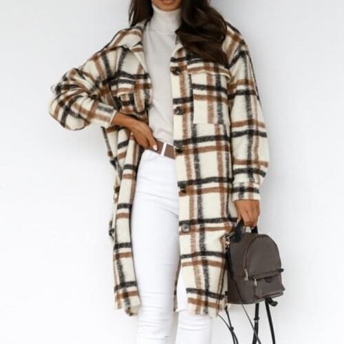 Sales Women Shirt Jacket Coat Winter Checked Turn Down Overcoat Plaid Long Coat Oversize Thick Woolen Blends Female Streetwear