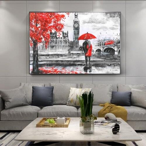 Romantic Lovers Under Umbrella Under Red Tree Canvas Painting Poster Big Ben Abstract Wall Art Pictures for Living Room Decor