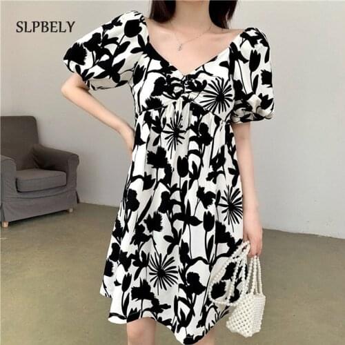 SLPBELY Floral Black Dress For Women Summer French Style Puff Sleeved Fairy Dress Female Sexy Elegant Korean Dress Vestido 2021