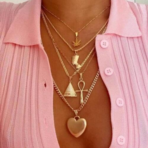 Vintage Crystal Cross Pyramid Ancient Egyptian Pharaoh Heart Pendant Multilayer Gold Necklace Punk Lady Jewelry Gifts