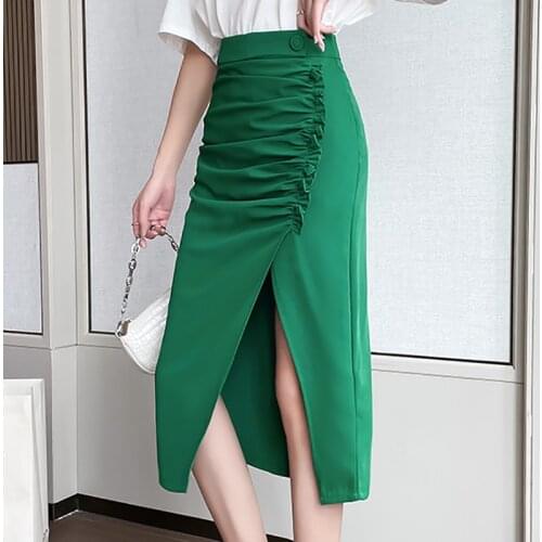 High Waist Slit Skirt Women Fashion Ruched Ruffles Chic Long Skirts Summer 2021 Korean Elegant Sexy Bottoms Faldas Mujer Jupes