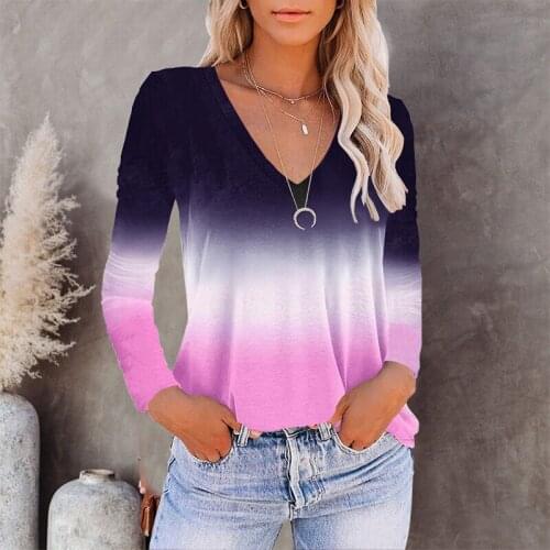 Vintage Gradient Patchwork Womens T-Shirts Casual Long Sleeve Pullover Tops Elegant Autumn V-Neck Tee Shirt For Female Clothing
