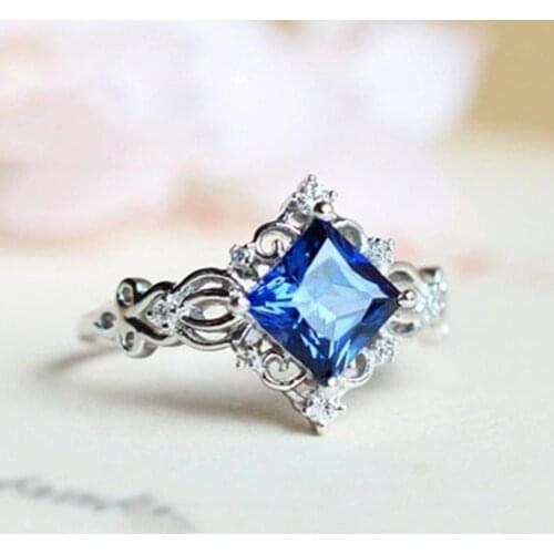 Vintage Women Hollow Ring Flower Noble Delicate Woman Inlaid Princess pattern Blue Stone Ring For Women Party Jewelry Gift
