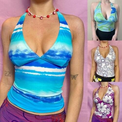 066F Women Summer Sexy Halter Bandage Tank Top Deep V-Neck Backless Slim Vest Boho Floral Printed Casual Sleeveless Shirts