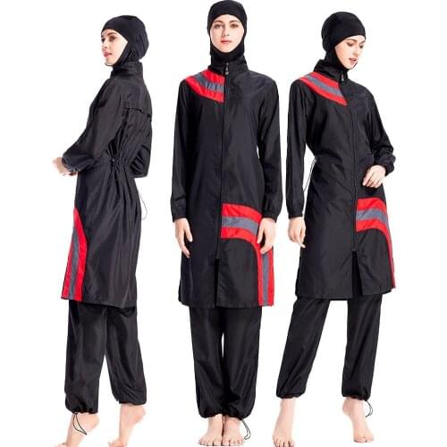 3pcs/Set 2021 Muslim Lady Swimsuit Islamic Conservative Draw Back Swimwear for Swimming Solid Color Long Sleeves Bathing Suit