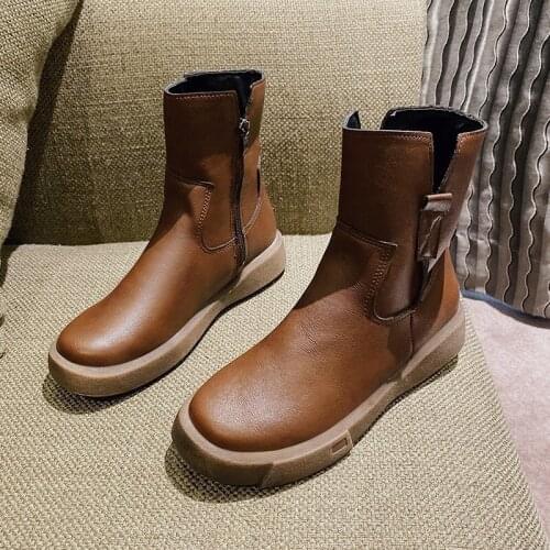 Women Boots Solid Color Zipper Round Toe Flat Boots for Women Ladies Winter Shoes PU Leather Ankle Boots coturno feminino Size42