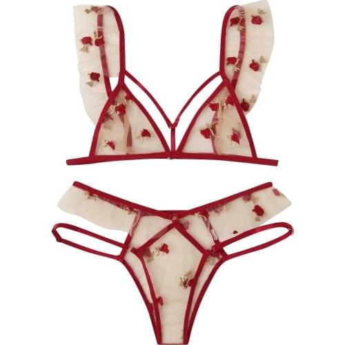 Two-piece Bra Thong Sexy Embroidered Transparent Erotic Underwear Female Temptation Bodysuit Porno Lingerie Эротическое Бельё