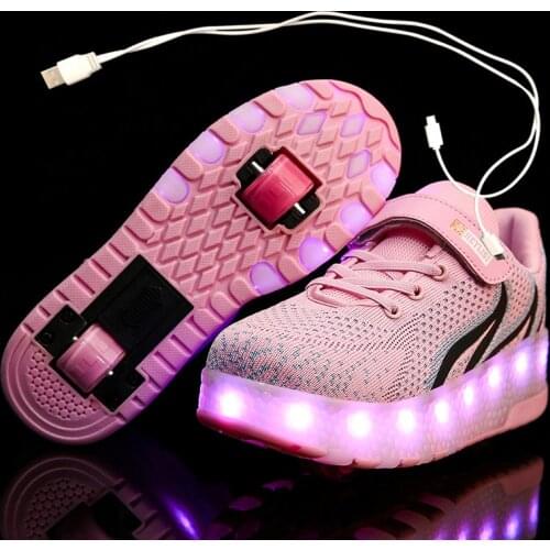 Children One Two Wheels Luminous Glowing Sneakers Red Pink Led Light Roller Skate Shoes Kids Led Shoes Boys Girls USB Charging