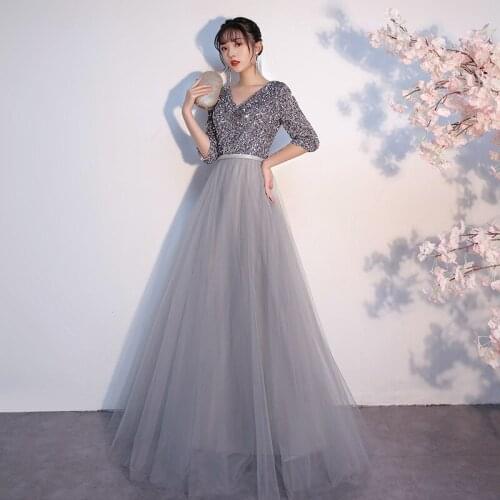 KAUNISSINA Sequined Tulle Evening Dresses Women Long V-Neck Party Dress Half Sleeve A-Line Formal Prom Gown Female Vestidos Robe