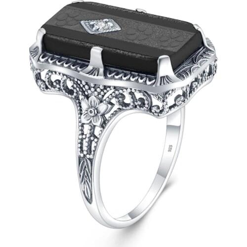 Szjinao Real Sterling Silver Ring Women Silver 925 Cock Ring Ladies Luxury Undefined Retro Black Onyx Gmstone Witch Jewelry 2020